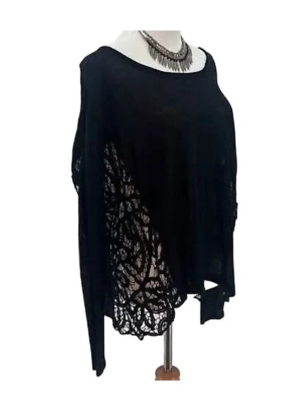 RARE NWT Free People Black Lace Inset Slouchy Linen Blend Top S| Boho Whimsigoth